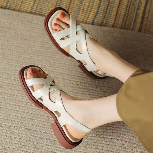 Women's Patent Leather Low Heel Square Toe Beach Sandals