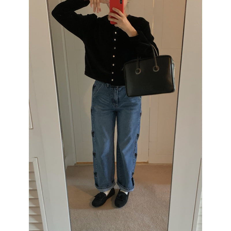 Embroidered Bow Cute Teenage Leisure Blue Jeans