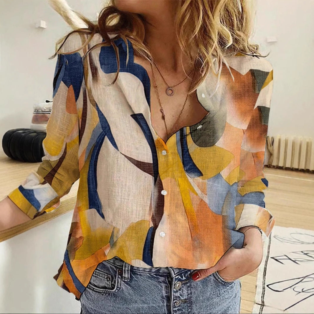 Loose Digital Printing Lantern Long Sleeve Shirt For Women