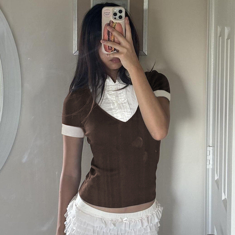 American Retro Polo Collar Stitching Fake Two Pieces Short Sleeve T-shirt For Women