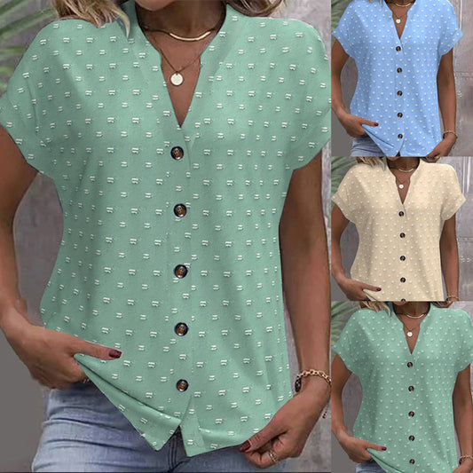 V-neck Short-sleeved Jacquard Top Casual Shirt