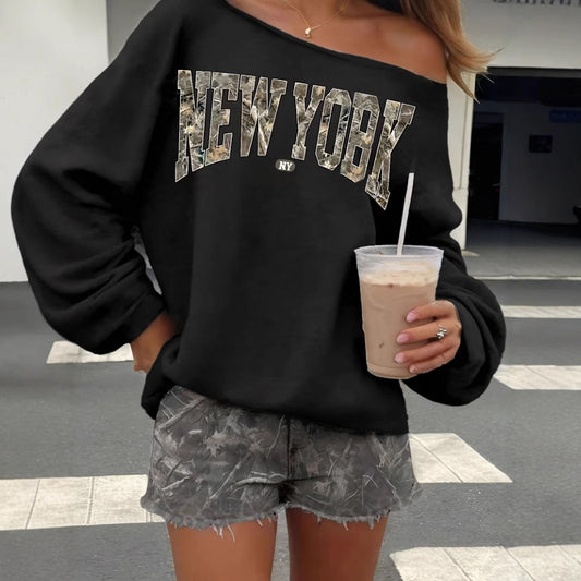 Casual Loose Pullover Simple Letter Print Long Sleeve Sweater