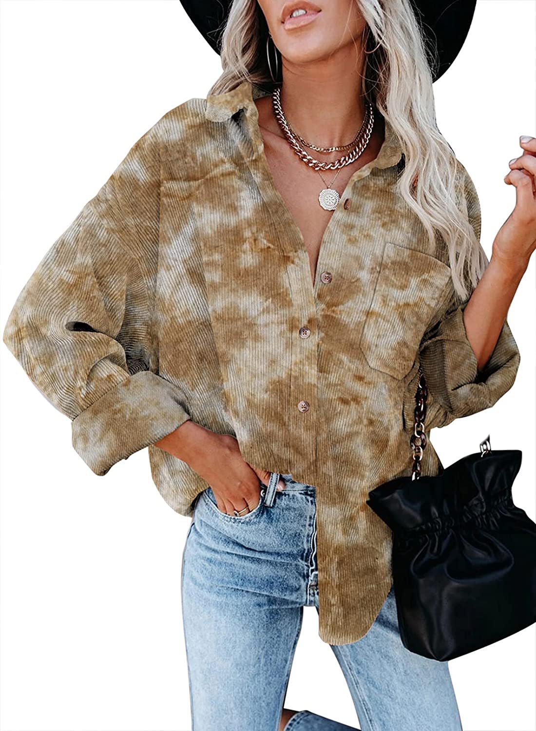 Corduroy Digital Printing Long Sleeve Buckle Loose Oversized Shirt