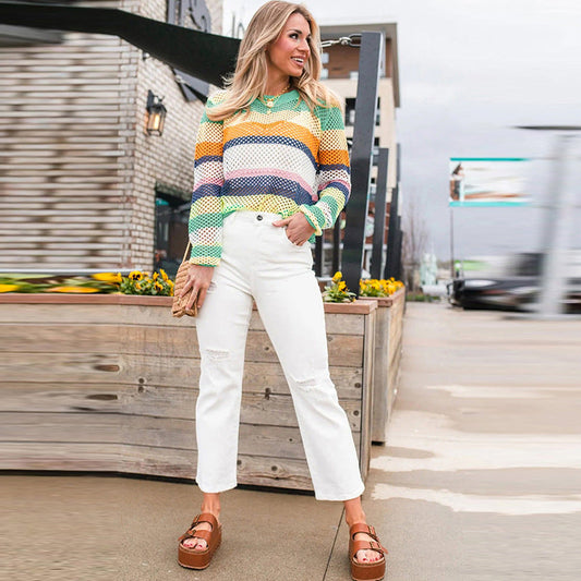 Women's Versatile Contrast Color Printed Round Neck Long Sleeve Sweater