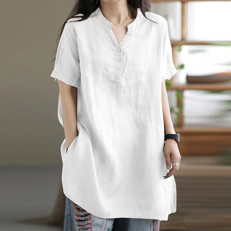 Loose Plump Girls Button Fashion V-neck Short Sleeve Solid Color T-shirt