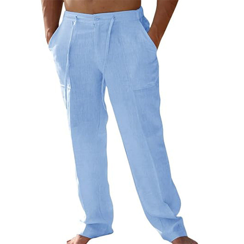 Men's Casual Linen Patch Pocket Loose Drawstring Straight Summer Beach Yoga Trousers