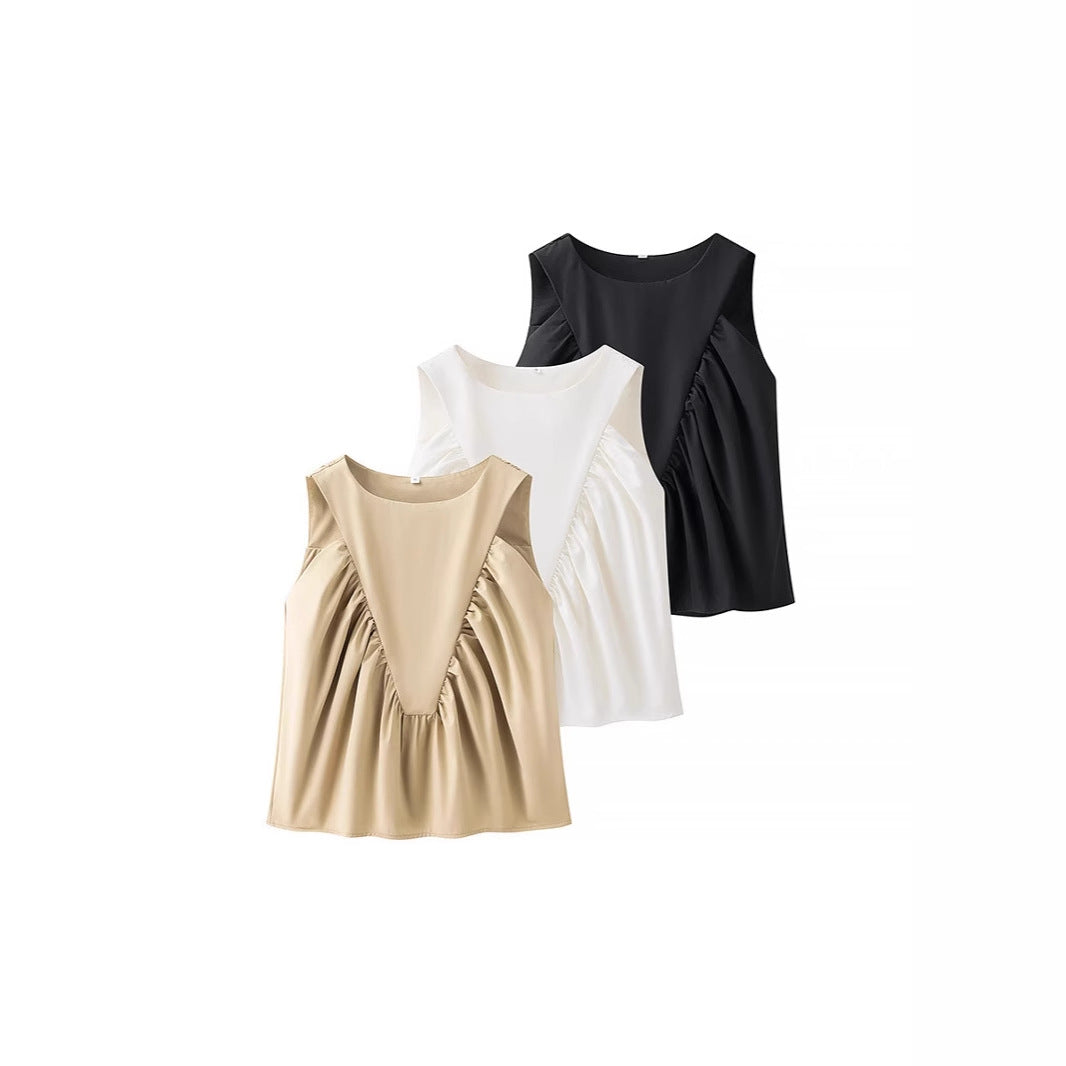 Pleated Decorative Vest Women's Solid Color Round Neck Sleeveless Pullover