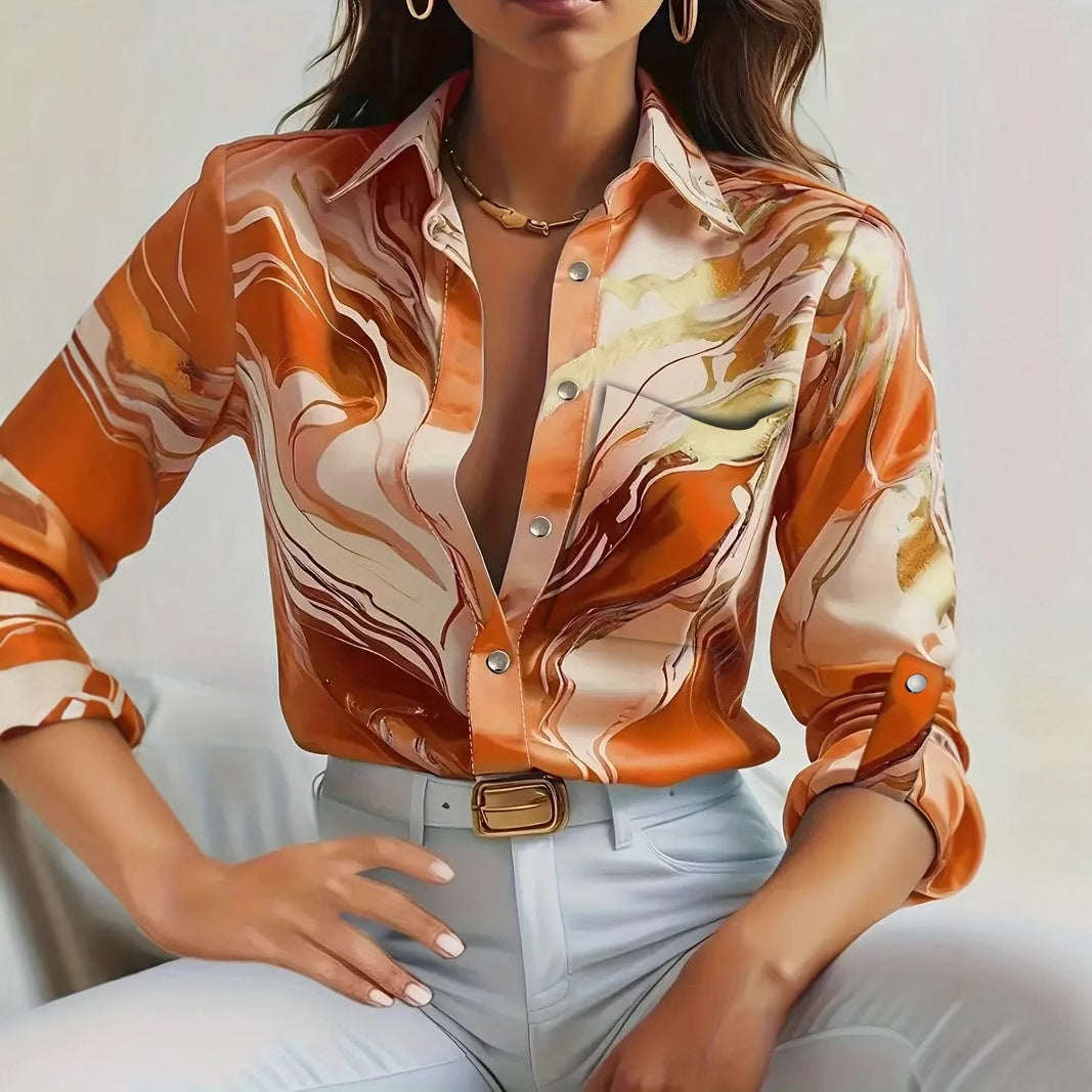 Season Fashion Casual Loose Button Long Sleeve Printed Shirt For Women