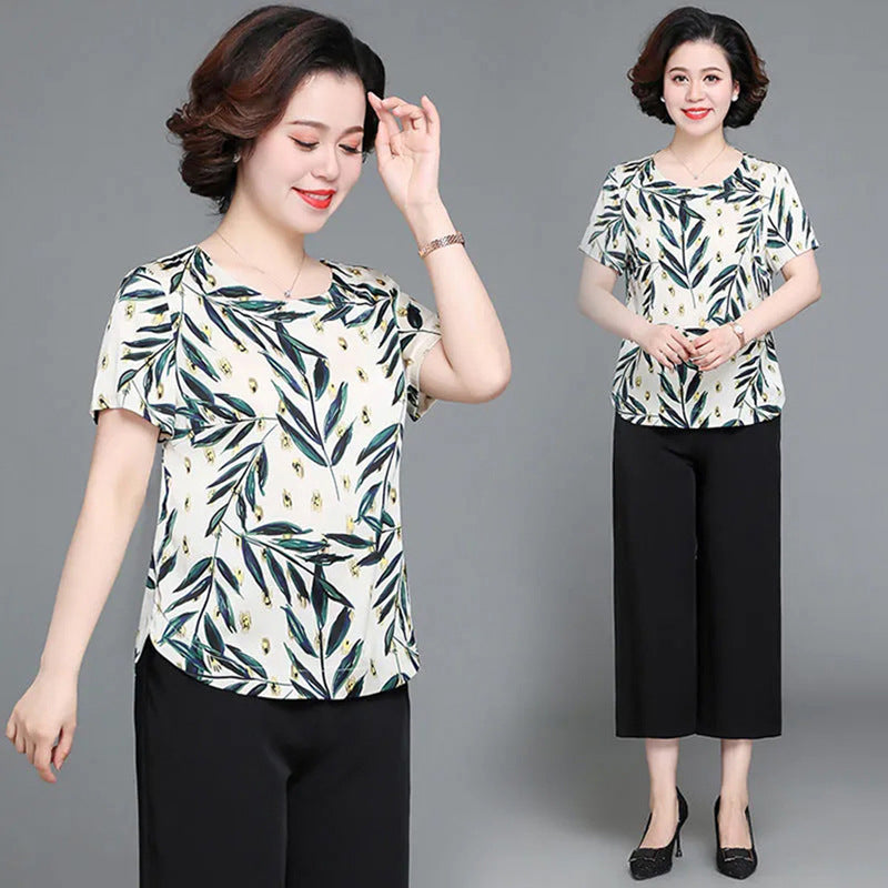 Western Style Suit Ice Silk Top Middle-aged And Elderly Women's Printed Short Sleeve