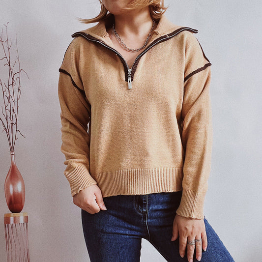 Women's Casual Knitted Zipper And Lapel Contrast Color Long Sleeves Sweater
