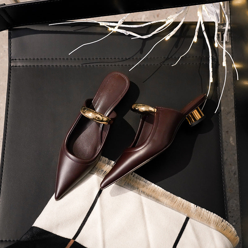 Pointed-toe Slippers Women's Chunky Heel Mid Heel Half Slippers Ferrule Sandals