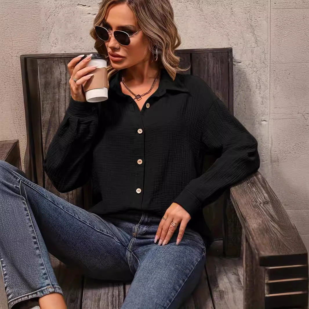 Women's Solid Color Front Button Drop Shoulder Shirt Women's