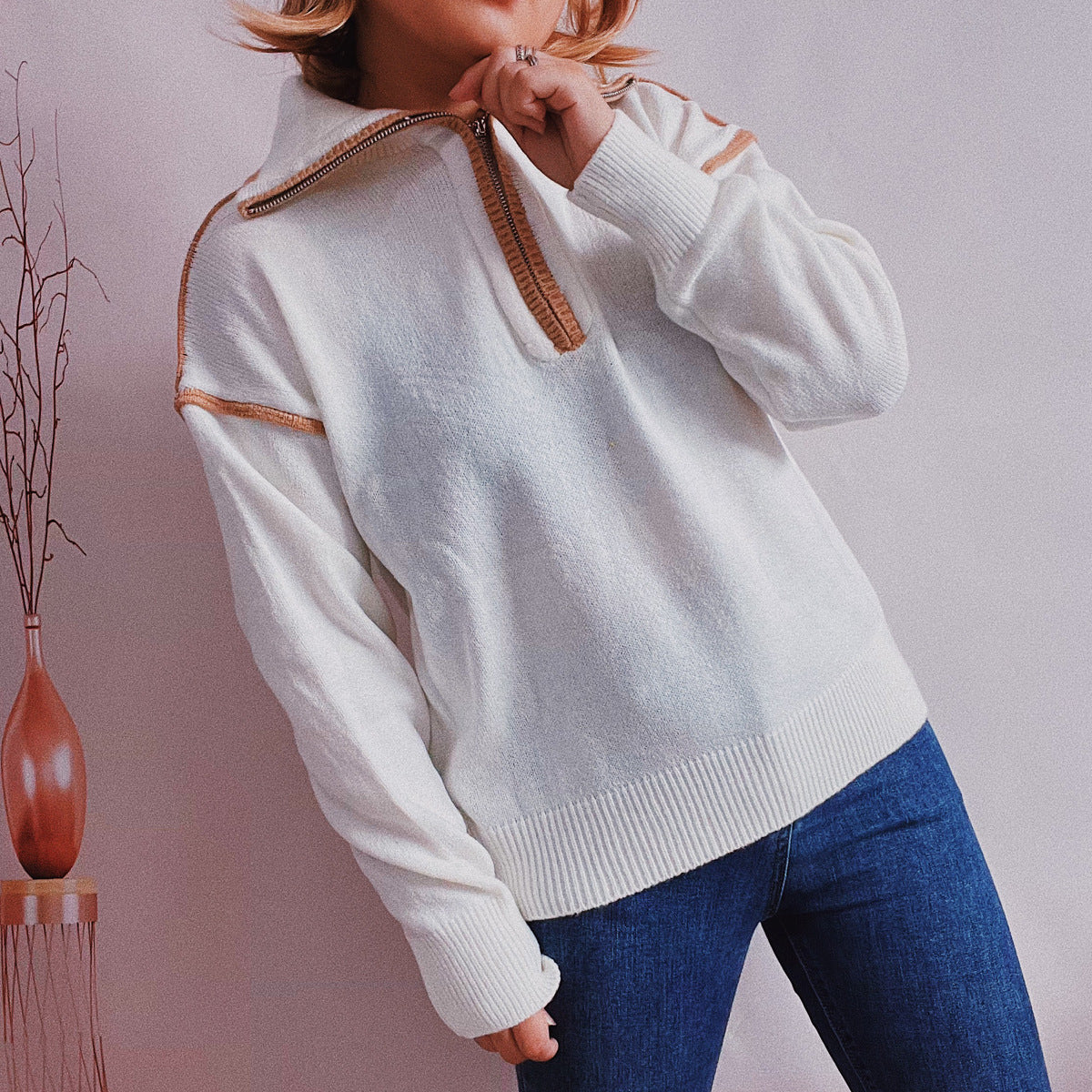 Women's Casual Knitted Zipper And Lapel Contrast Color Long Sleeves Sweater