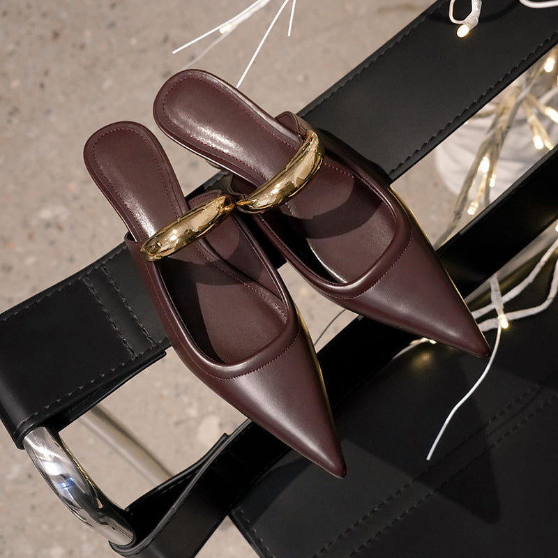 Pointed-toe Slippers Women's Chunky Heel Mid Heel Half Slippers Ferrule Sandals