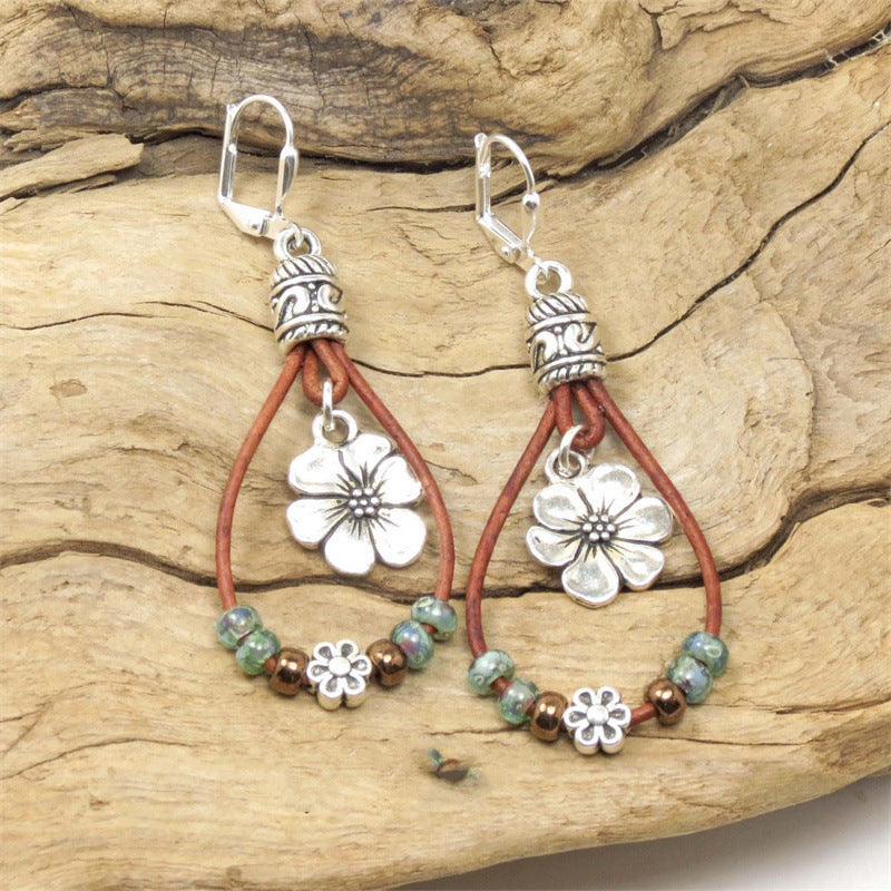 Bohemian Style Leather Rope Flower Beaded Earrings