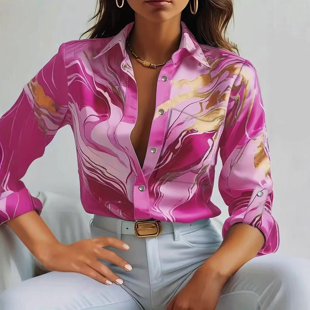 Season Fashion Casual Loose Button Long Sleeve Printed Shirt For Women