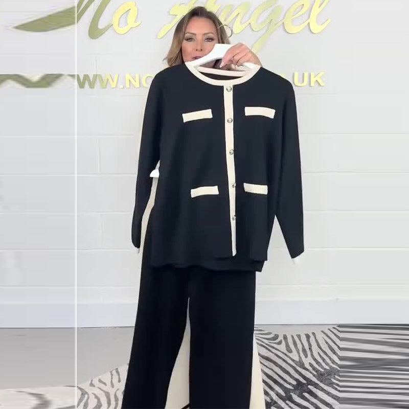 Women's Fashion Color Contrast Classic Style Knitted Trousers Two-piece Set