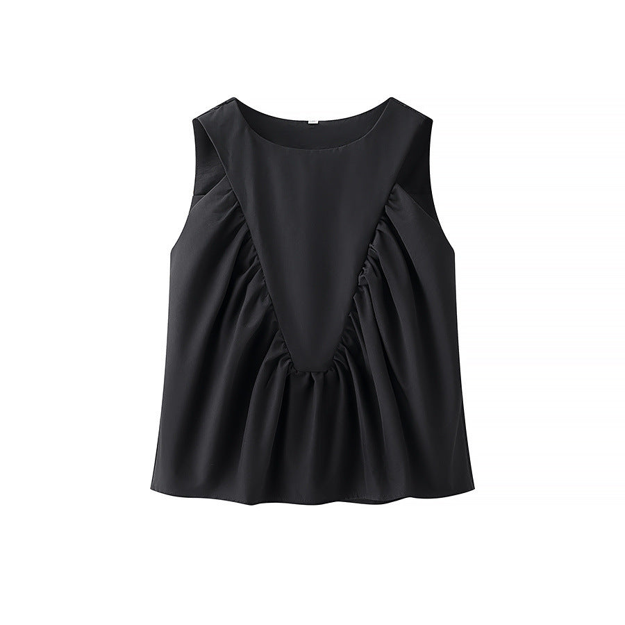 Pleated Decorative Vest Women's Solid Color Round Neck Sleeveless Pullover