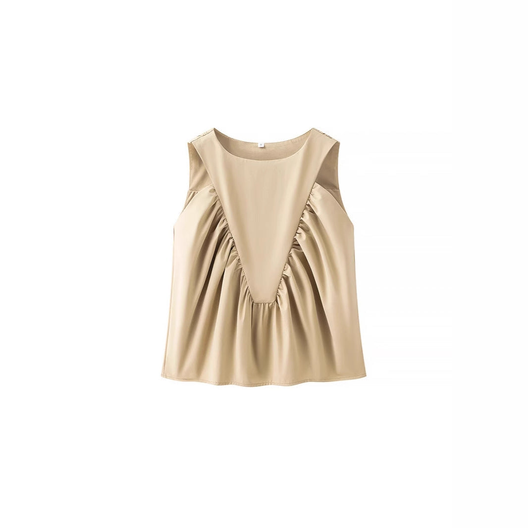Pleated Decorative Vest Women's Solid Color Round Neck Sleeveless Pullover