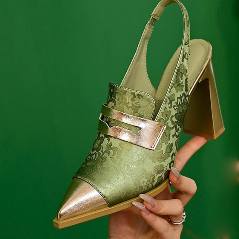 Printed High Heels Chunky Heel Pointed-toe High-cut All-match Strap Sandals