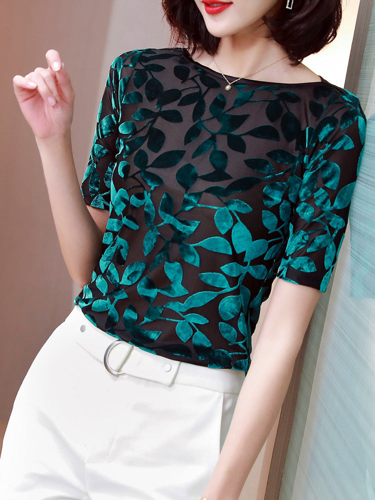 Spring And Summer New Off-neck Velvet Mid-sleeve Slim Bottoming Shirt