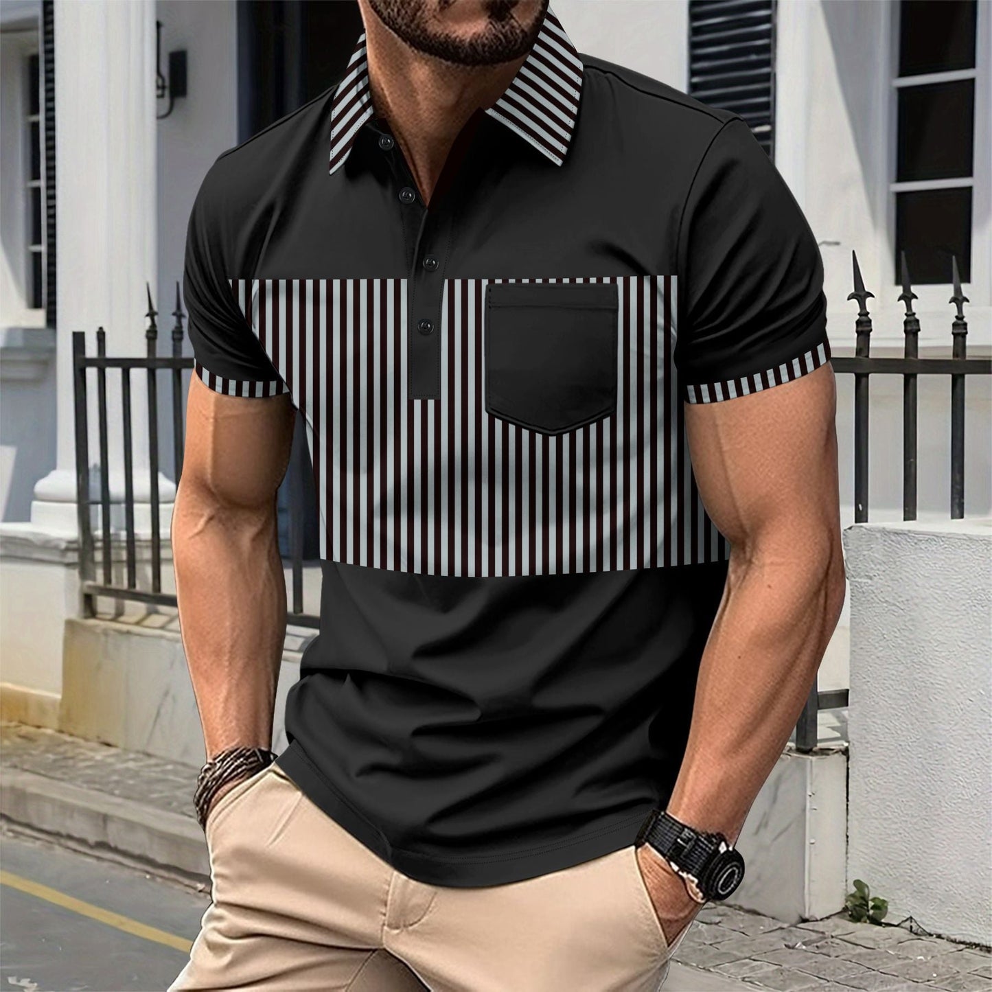 Men's Casual Placket Polo Collar Stripes Color Matching Stitching T-shirt
