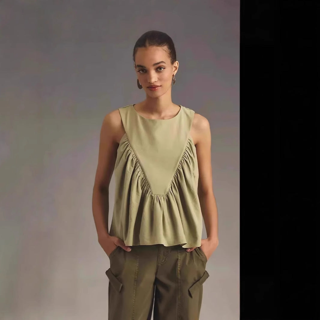 Pleated Decorative Vest Women's Solid Color Round Neck Sleeveless Pullover