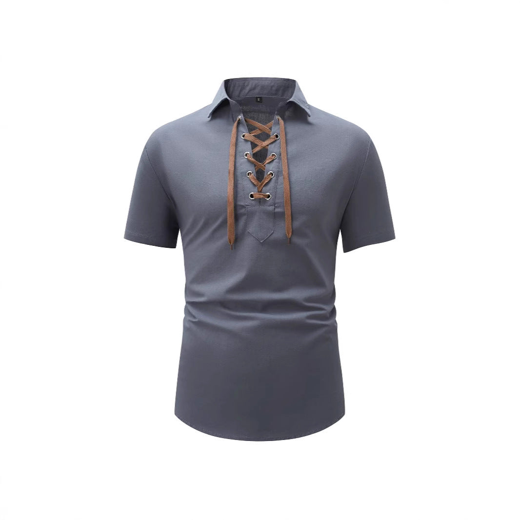 European And American Men's Cotton And Linen Lapel Loose V-neck Lace Shirt