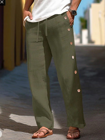 Men's Linen Trousers Drawstring Elastic Waist Side Buckle Solid Color Breathable Comfortable