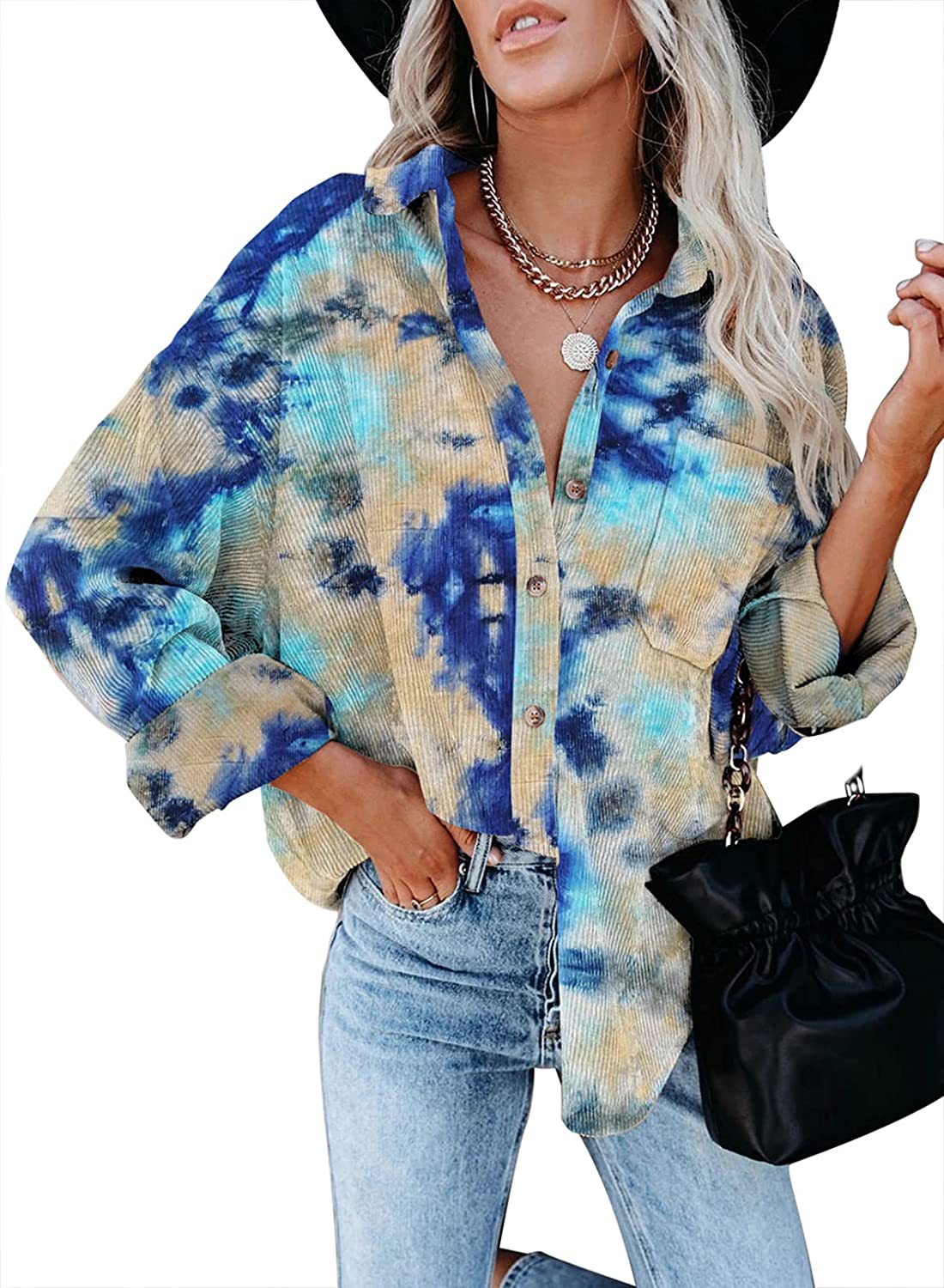 Corduroy Digital Printing Long Sleeve Buckle Loose Oversized Shirt
