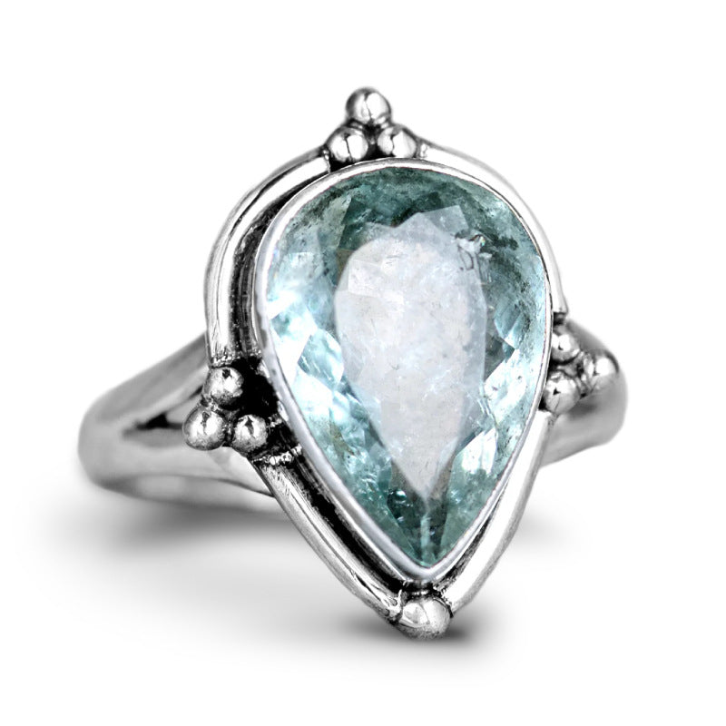 Water Drop Aquamarine Ring Popular Simplicity Classical Pear-shaped Palace Style
