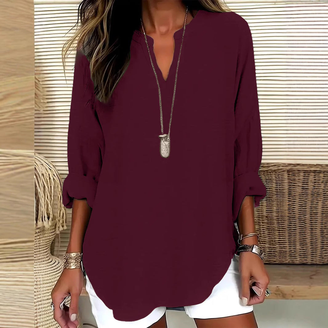 Women's V-neck Drop-shoulder Long-sleeve T-shirt