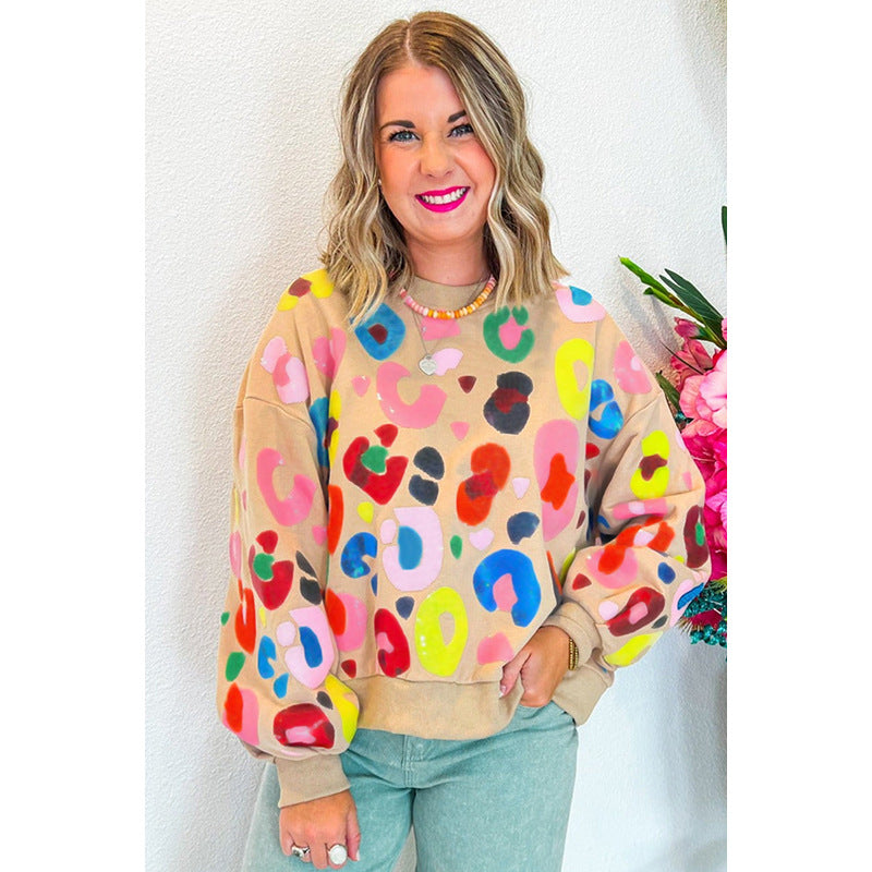 Winter Leopard Print Printed Crew Neck Sweatshirt