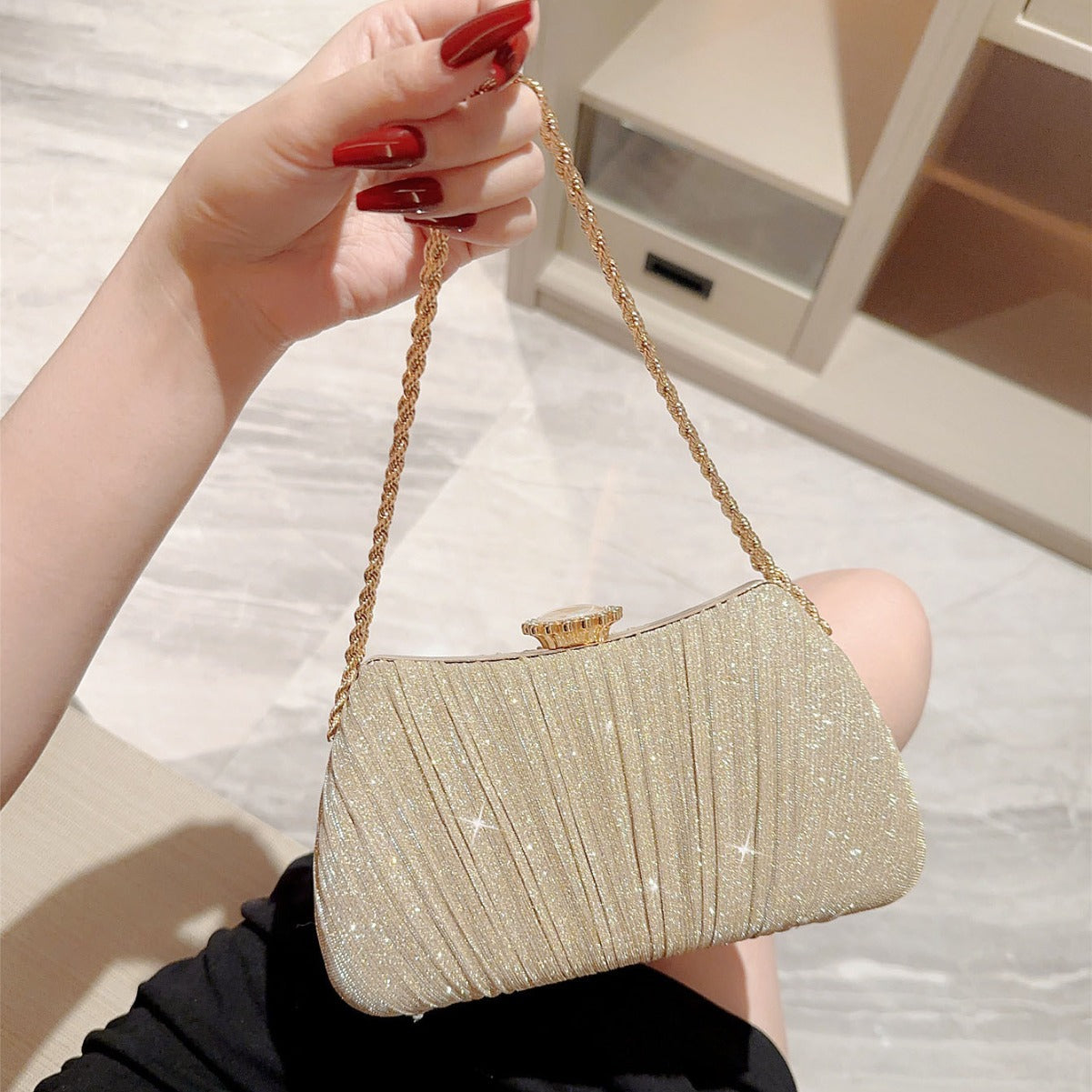 Shiny Pleated Evening Party Dress One Shoulder Prom Bag