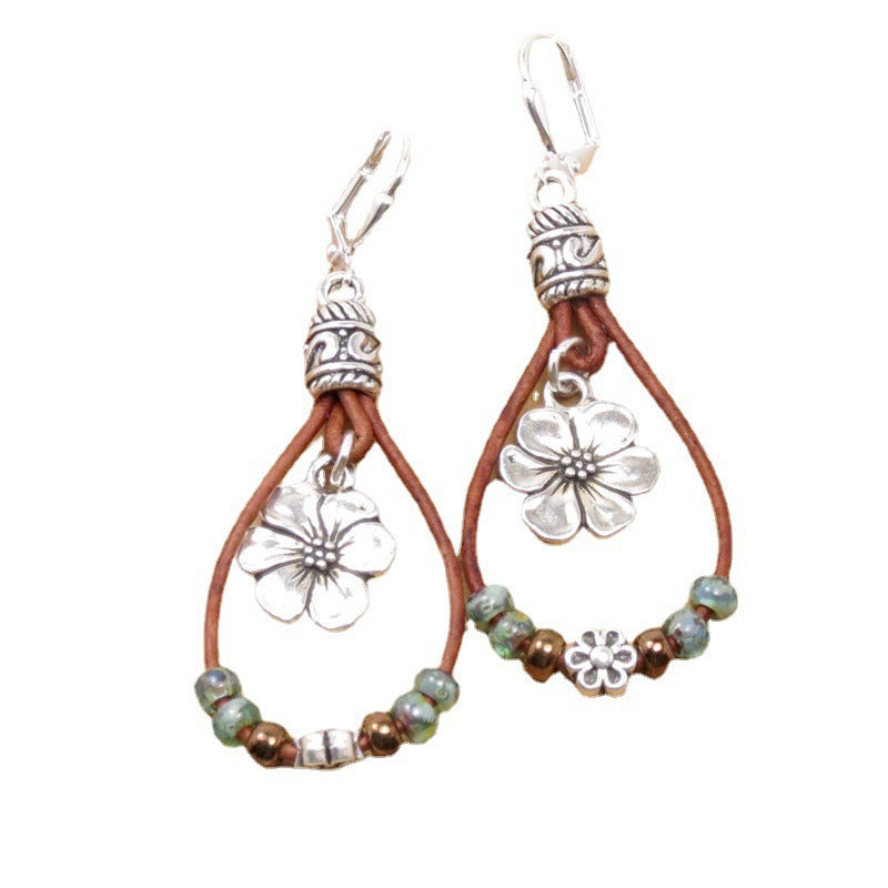 Bohemian Style Leather Rope Flower Beaded Earrings