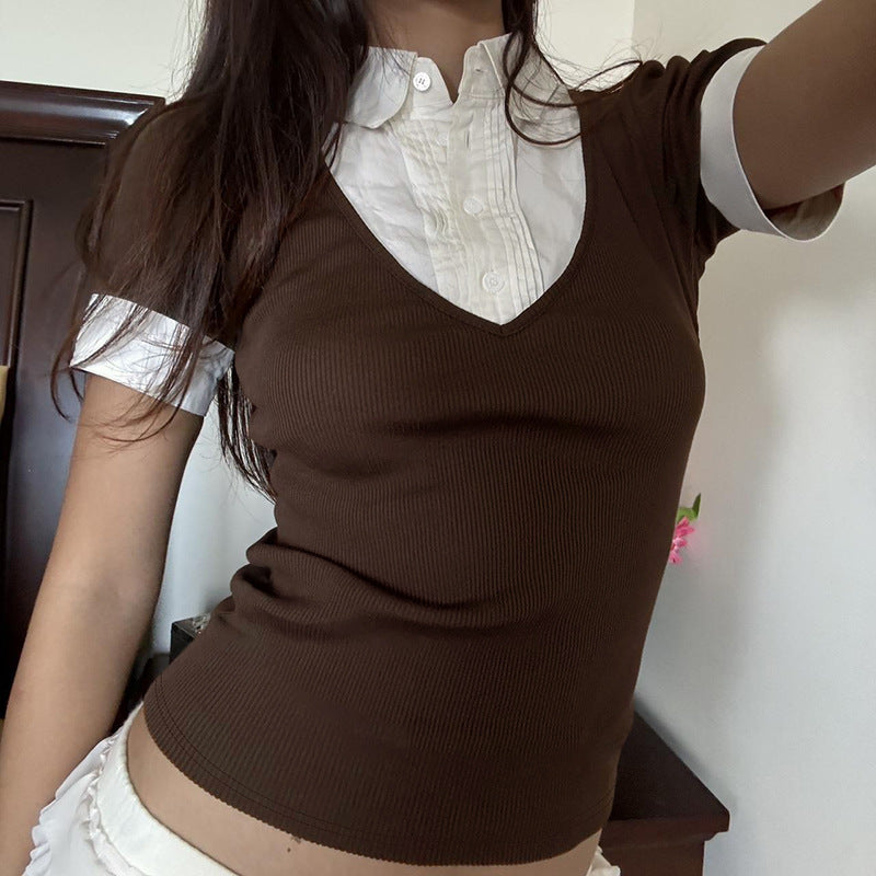 American Retro Polo Collar Stitching Fake Two Pieces Short Sleeve T-shirt For Women