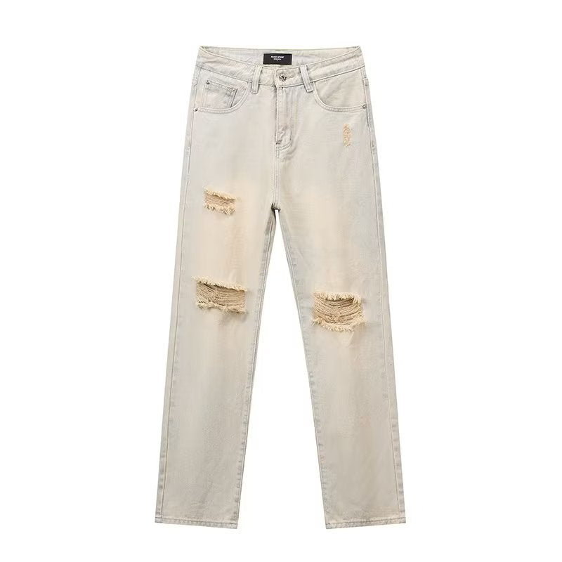 Ripped Jeans Men's Thin Yellow Mud Color Wide Leg