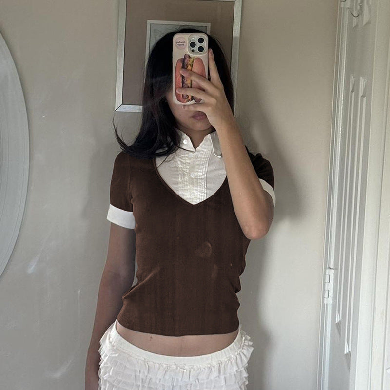 American Retro Polo Collar Stitching Fake Two Pieces Short Sleeve T-shirt For Women