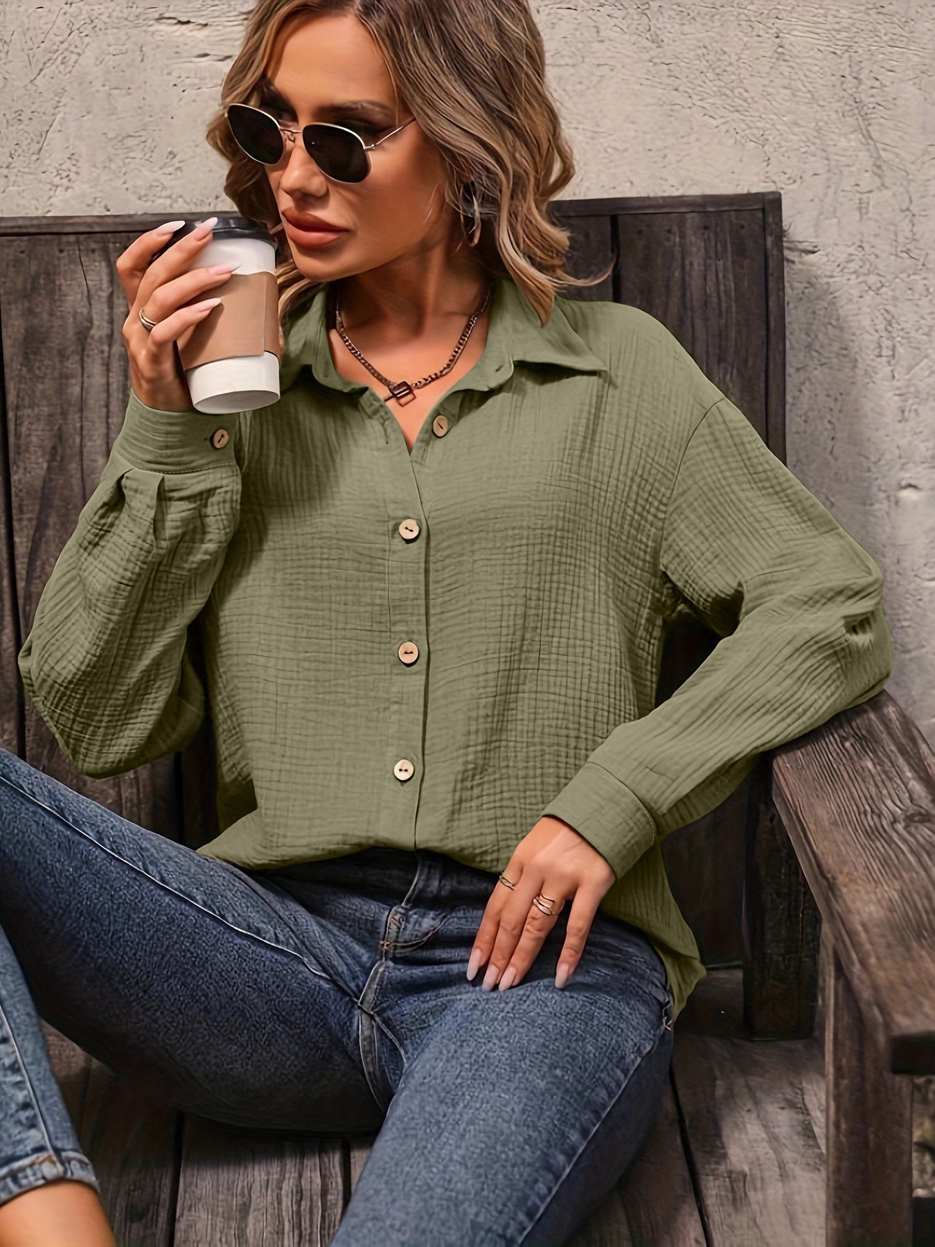 Women's Solid Color Front Button Drop Shoulder Shirt Women's
