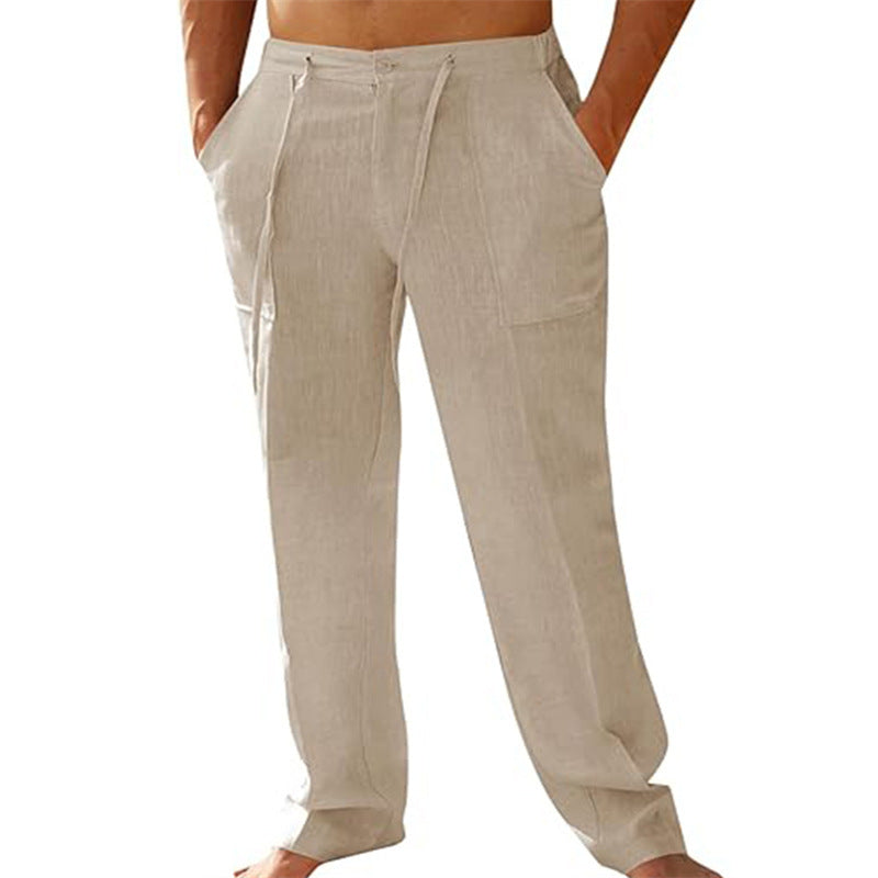Men's Casual Linen Patch Pocket Loose Drawstring Straight Summer Beach Yoga Trousers