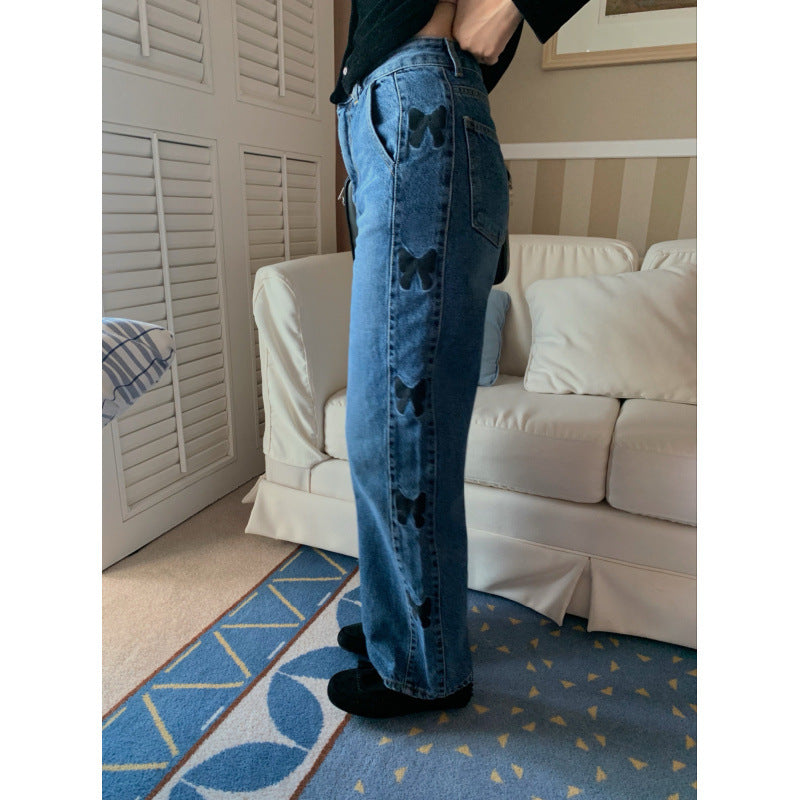 Embroidered Bow Cute Teenage Leisure Blue Jeans