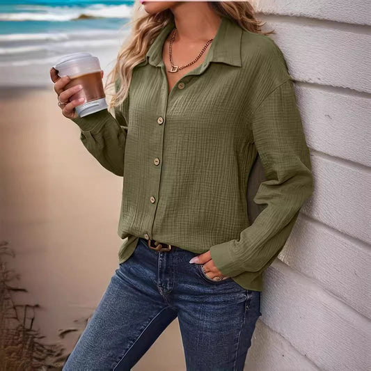 Women's Solid Color Front Button Drop Shoulder Shirt Women's