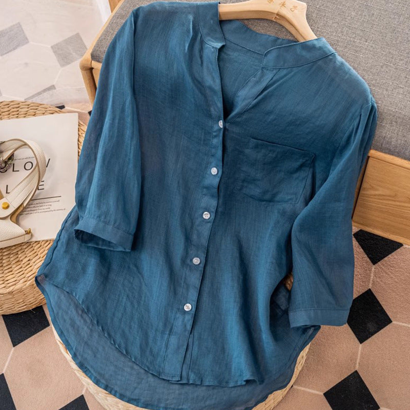 Temperament Leisure Style Artistic Retro Solid Color Summer Thin Cotton And Linen Shirt