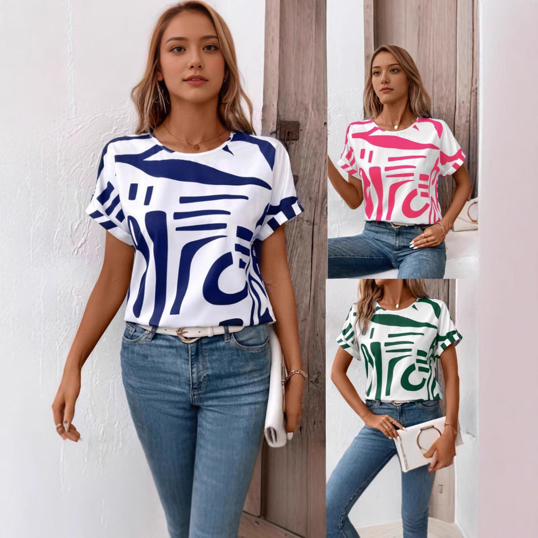 Batwing Sleeve Round Neck Geometric Printed Shirt For Women