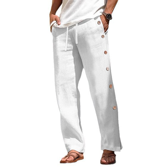 Men's Linen Trousers Drawstring Elastic Waist Side Buckle Solid Color Breathable Comfortable