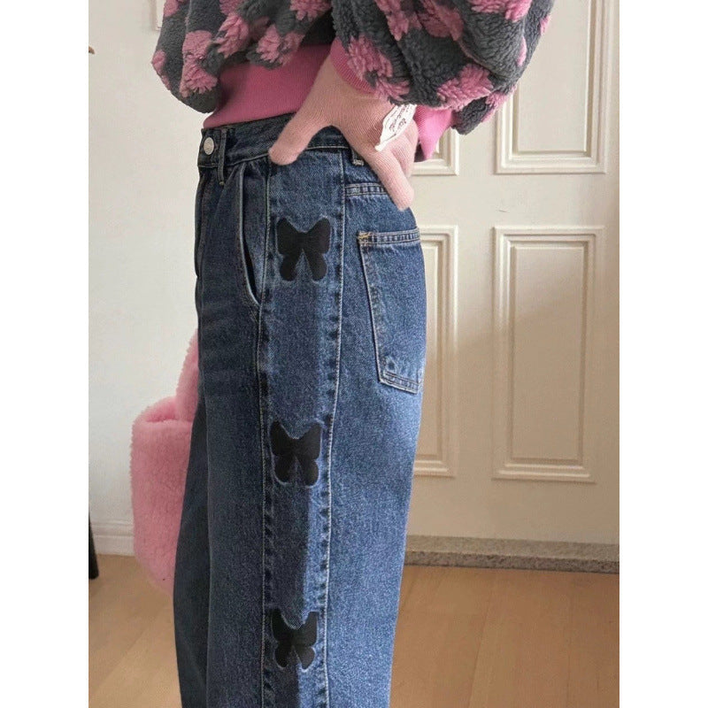 Embroidered Bow Cute Teenage Leisure Blue Jeans