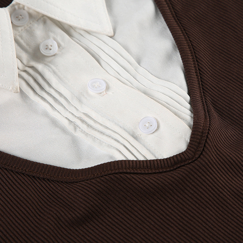 American Retro Polo Collar Stitching Fake Two Pieces Short Sleeve T-shirt For Women