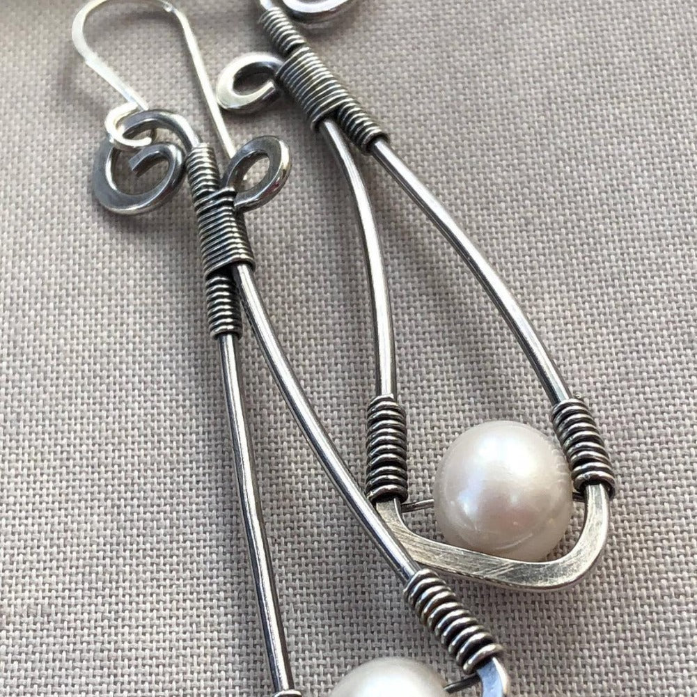 Vintage Silver Dangle Earrings Section With Pearl
