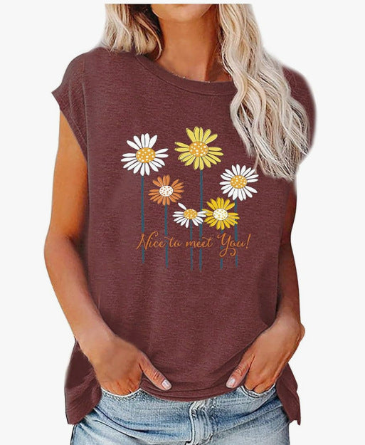 Women's 3D Digital Printing Cotton-like Flower Multi-element Short Sleeve