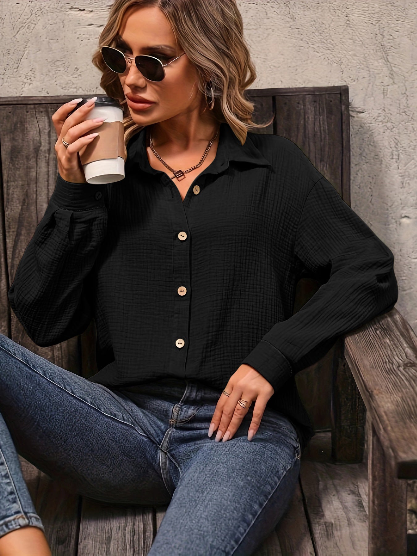 Women's Solid Color Front Button Drop Shoulder Shirt Women's